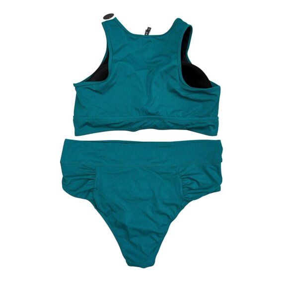 *New Torrid 2 Pc Swimsuit Womens Plus 3 Green High Neck Henley Top Cheeky Brief - Picture 4 of 13